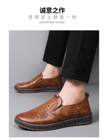 Hollow-Out Leather Shoes for Men, Summer Breathable Soft Leather Low-Top Business Casual Versatile Slip-On Perforated Dad Shoes