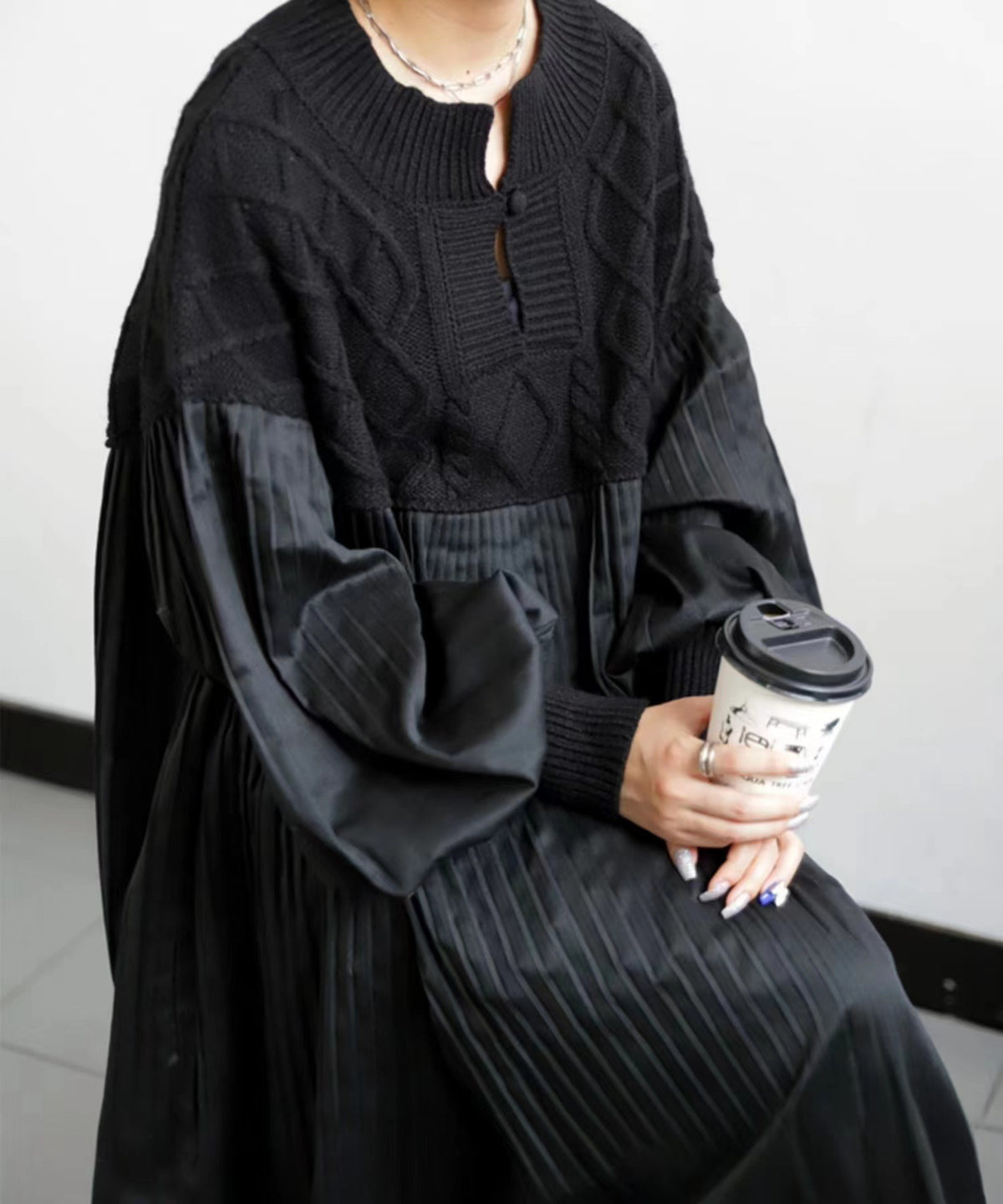 2025 Japanese Style Autumn New Pleated Diamond Pattern Sweater Spliced Long Dress in Stock
