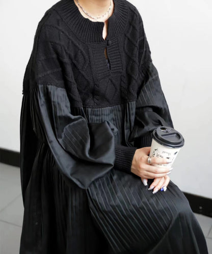 2025 Japanese Style Autumn New Pleated Diamond Pattern Sweater Spliced Long Dress in Stock