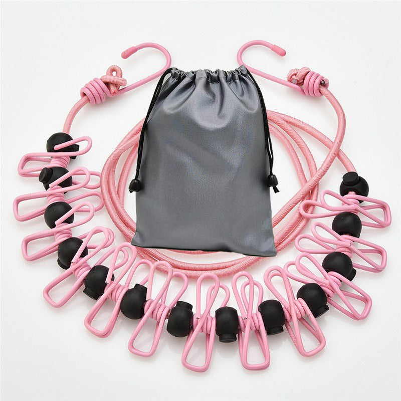 Creative Outdoor Elastic Windproof Clothesline with Positioning Clips, Korean Style Clothesline with 12 Windproof Clips