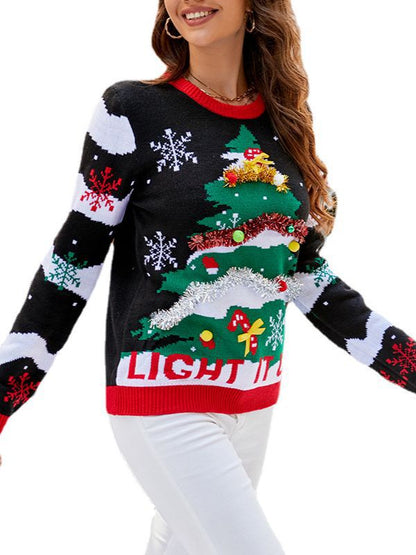 Amazon European and American Long-Sleeved Christmas New Knitted Tops 2025 Autumn and Winter Christmas Tree Round Neck Pullover Sweater for Women