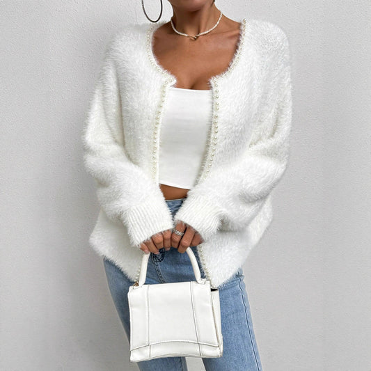 Women's Elegant Cardigan Sweater Solid Color And V-neck Fashion Bead Knitwear Coat