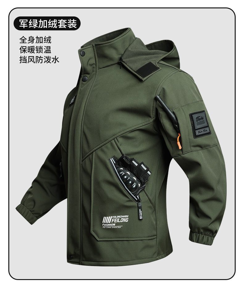 Men's Autumn and Winter Fleece-Lined Thickened Softshell Tactical Outdoor Sports Workwear Suit, Waterproof and Windproof