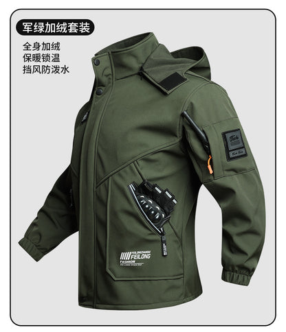 Men's Autumn and Winter Fleece-Lined Thickened Softshell Tactical Outdoor Sports Workwear Suit, Waterproof and Windproof