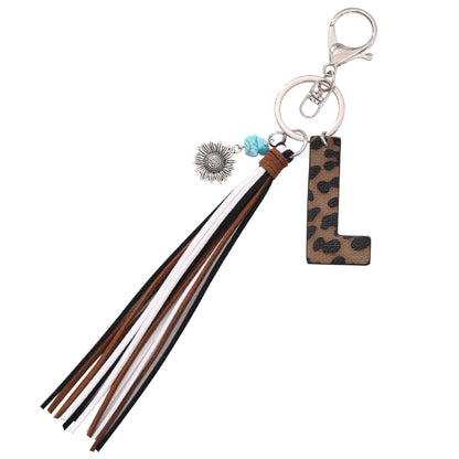 New Western Denim Style Leopard Oil-trimmed Leather Letter A Korean Velvet Tassel Combination Keychain Pendant Bag