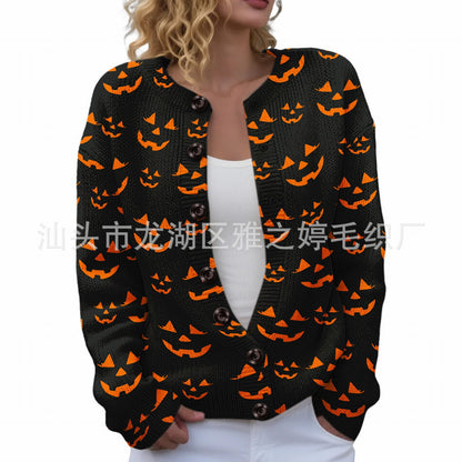Ll-Yk1 Halloween Cardigan Round Neck Long-Sleeved 3D Printed Sweater European and American Cross-Border Casual Women's Clothing Amazon Theme