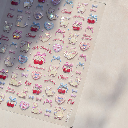 Cherry Kitten Nail Art Stickers New Embossed 5D Stereo Cute Bow Cute Pet Nail Sticker Decoration