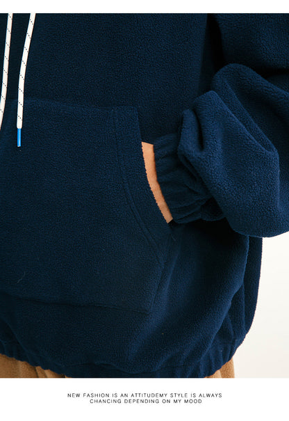 Black Fleet American Casual Style Unisex Versatile Hooded Warm Top Couple Style Hiking Fleece Solid Color Sweatshirt