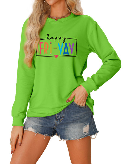 Amazon Ebay Round Neck Sweatshirt Happy Fri Yay Fun Letters Casual Fashion Long-Sleeved Tops in Stock
