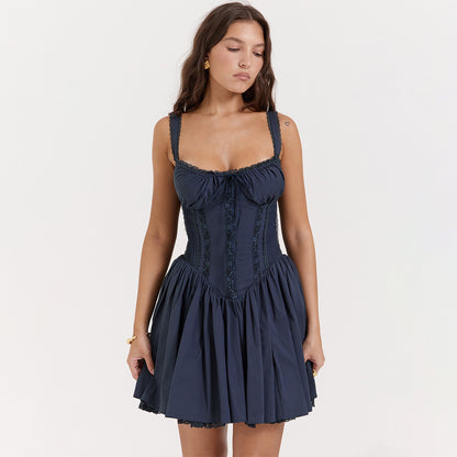 European and American Sexy Women's Lace Stitching Slip Skirt Waist Backless Small Skirt Pure White dress Women