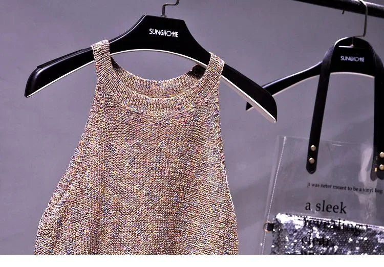 All-Match Summer New Sexy Shoulder Hanging Halter Sequin Strap Ware Shoulder Flash Knitted Hollow Vest Top for Women