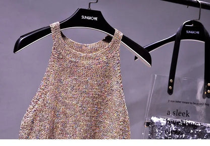 All-Match Summer New Sexy Shoulder Hanging Halter Sequin Strap Ware Shoulder Flash Knitted Hollow Vest Top for Women