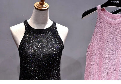 All-Match Summer New Sexy Shoulder Hanging Halter Sequin Strap Ware Shoulder Flash Knitted Hollow Vest Top for Women