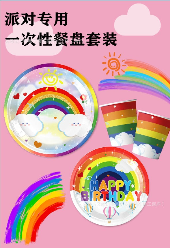 Cross-border Rainbow Party Paper Plate Paper Towel Tablecloth Neon Party Tableware suit Rainbow Birthday Party Decorations