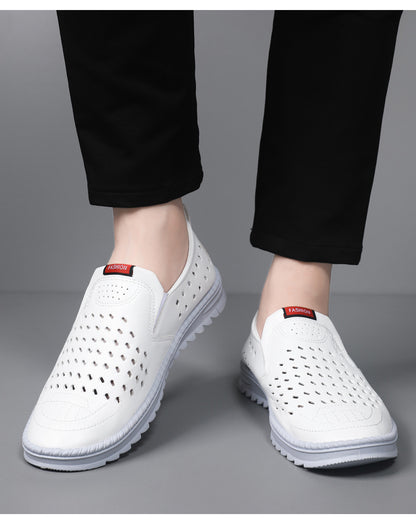 Hollow-Out Leather Shoes for Men, Summer Breathable Soft Leather Low-Top Business Casual Versatile Slip-On Perforated Dad Shoes