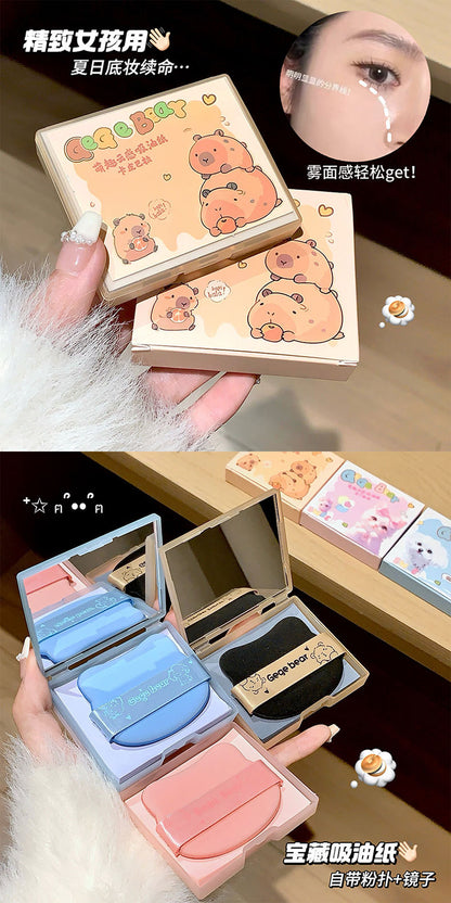Gogo Bear Cute Cloud Sensing Oil Absorbing Paper Comes with Powder Puff Mirror Oil Skin Non-Removing Makeup Makeup Holding Oil Absorbing Paper