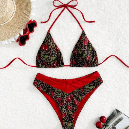 Amazon New Split Swimsuit Women Sexy Red Leopard Cherry Print European and American Bikini Foreign Trade Swimsuit