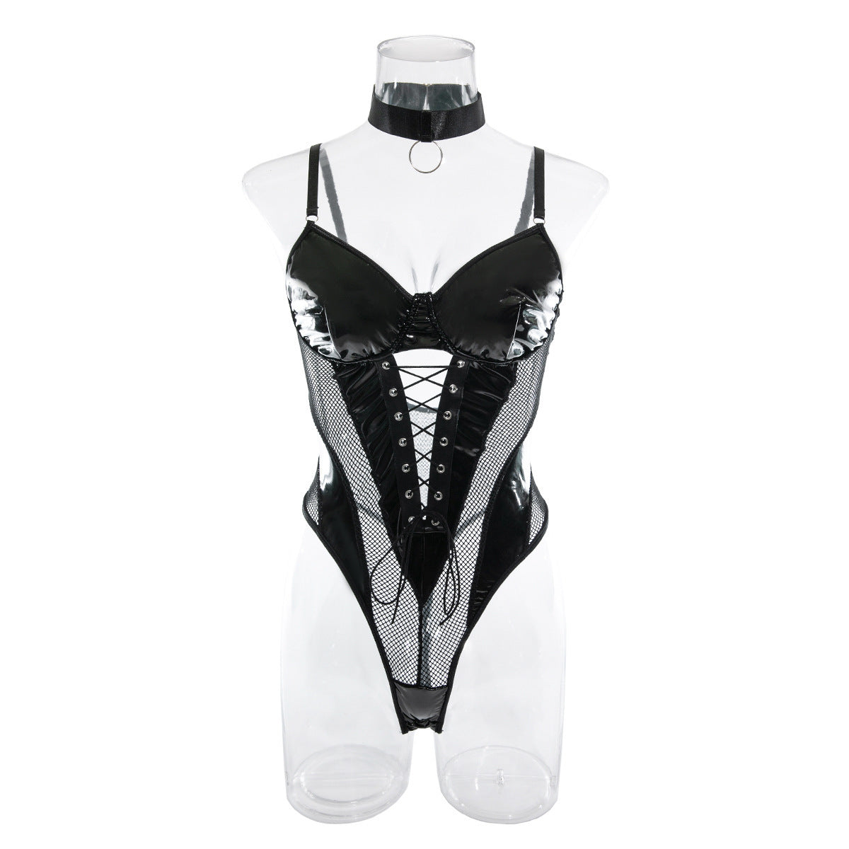 Europe and the United States cross-border supply nightclub hot girl PU leather mesh stitching strap waist backless sexy jumpsuit women's in stock