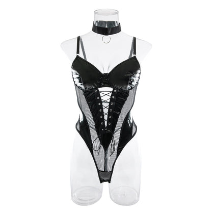 Europe and the United States cross-border supply nightclub hot girl PU leather mesh stitching strap waist backless sexy jumpsuit women's in stock