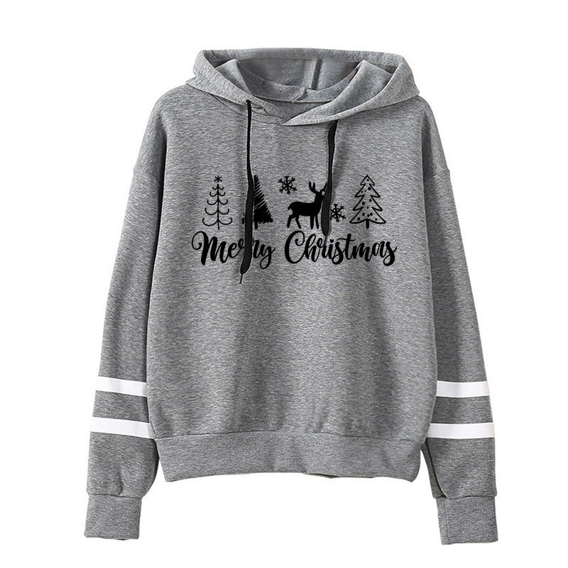 Christmas Tree Merry Christmas Print Parallel Bars Hooded Striped Sweatshirt European-Size plus size Men's and Women's Jacket