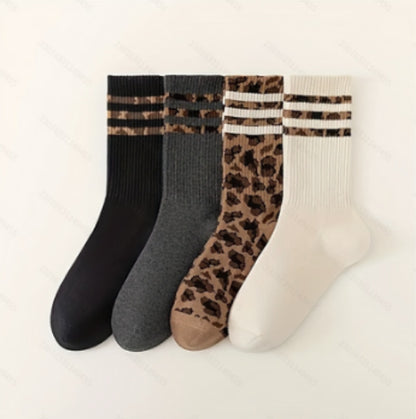 Socks Women's Mid-length Socks Spring and Autumn Korean Style Fashionable Socks Spotted Leopard Print Stockings All-match Non-slip Women's High Socks