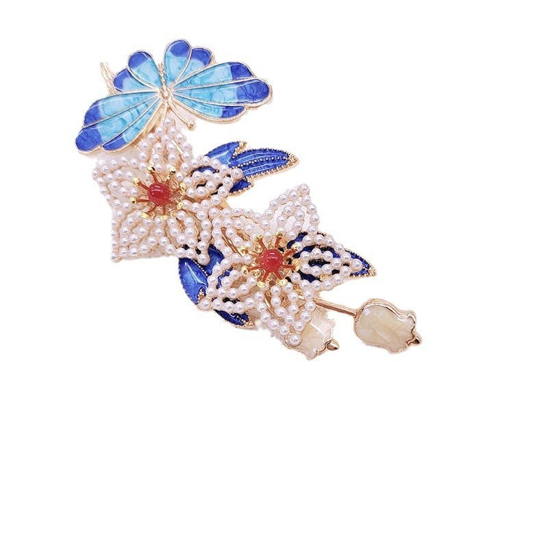 Antique Style Burned Blue Cloud Pearl Hairpin New Chinese Tassel Side Clip Advanced Sense Clip Hair Accessories Headwear Hair Clip