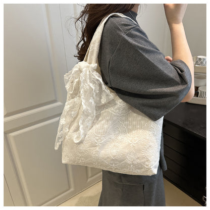 Korean Style Small Fresh Lace Flower Canvas Bag 2025 New Large Capacity Commuter Lazy Style Single Shoulder Large Tote Bag
