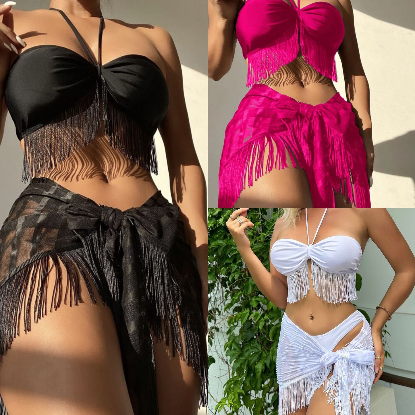 2025 European and American New Style Tassel Tube Top Suspender Mesh Three-Piece Swimsuit Bikini Bikini Cross-Border Aliexpress