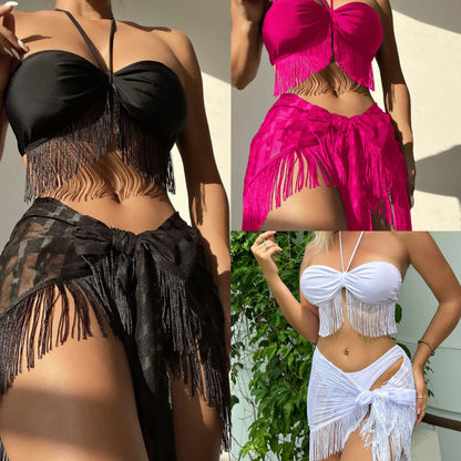 2025 European and American New Style Tassel Tube Top Suspender Mesh Three-Piece Swimsuit Bikini Bikini Cross-Border Aliexpress