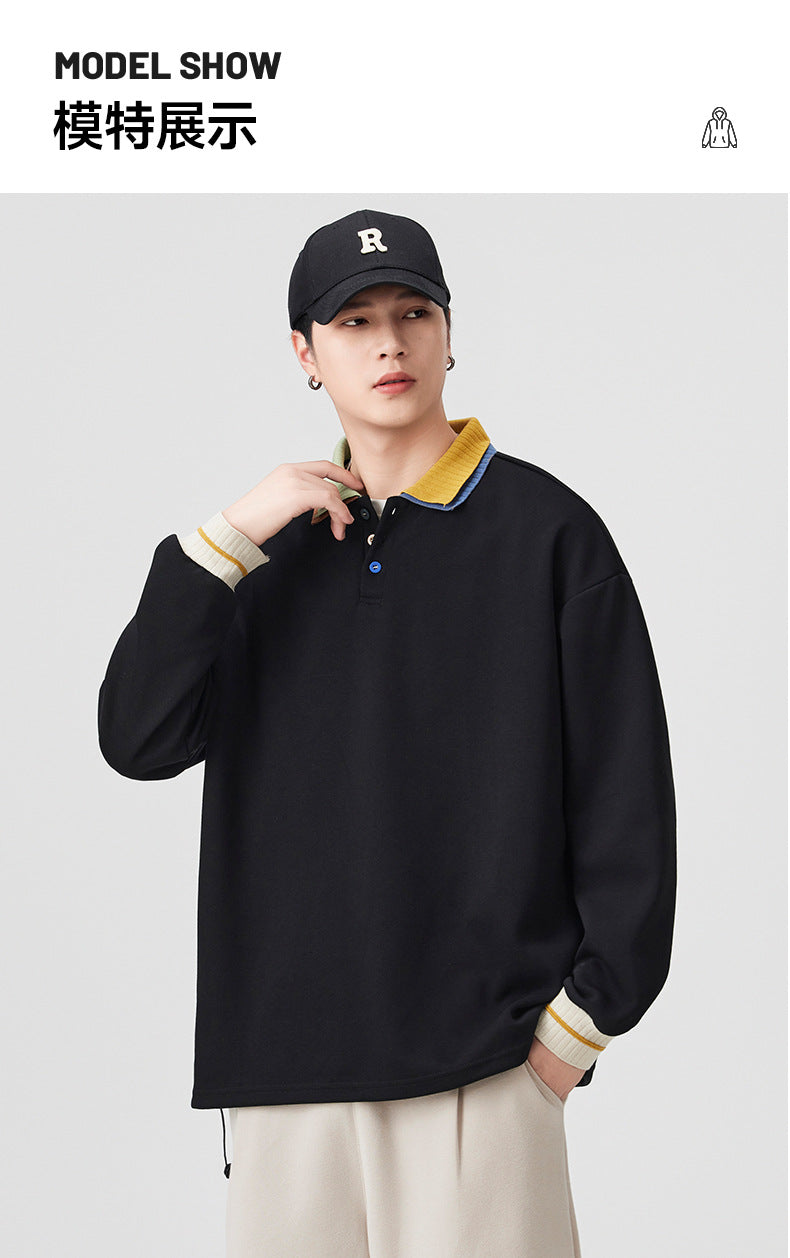 Casual Retro Contrast Color Lapel 280g Sweatshirt High-End Polo Collar Top Trendy Loose Couple Autumn Sweatshirt