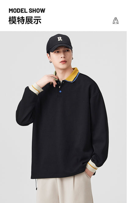 Casual Retro Contrast Color Lapel 280g Sweatshirt High-End Polo Collar Top Trendy Loose Couple Autumn Sweatshirt