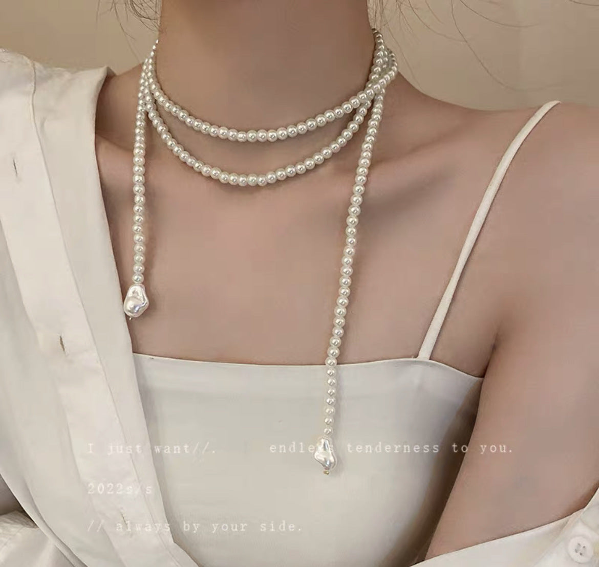 Shijiazu stacked with long pearl necklace women's light luxury temperament sweater chain Joker high sense autumn and winter necklace