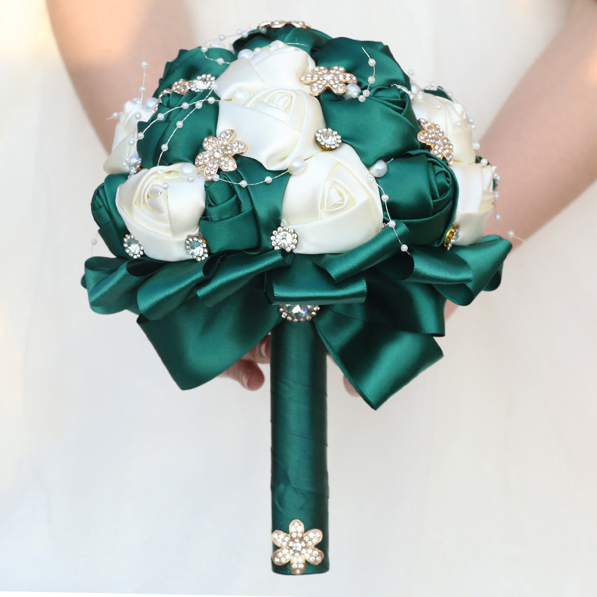 Amazon Supply Dark Green Bride Bridesmaid Simulated Satin Rose Bouquet Church Wedding Supplies Wholesale