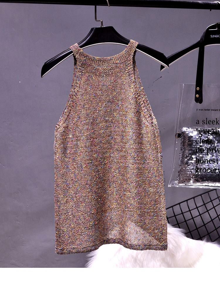 All-Match Summer New Sexy Shoulder Hanging Halter Sequin Strap Ware Shoulder Flash Knitted Hollow Vest Top for Women