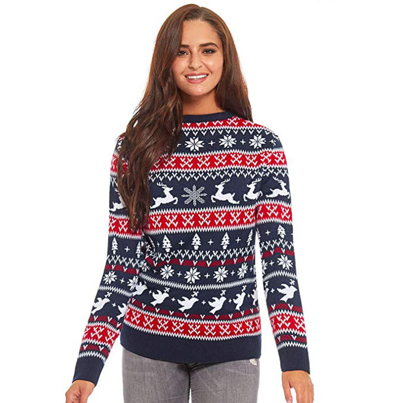 2025 Autumn and Winter European and American Christmas Pullover Jacquard Sweater Christmas Elk Snowflake Element Round Neck Knitted Couple Outfit