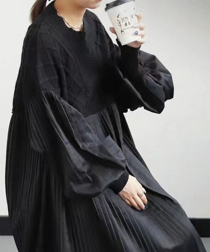 2025 Japanese Style Autumn New Pleated Diamond Pattern Sweater Spliced Long Dress in Stock