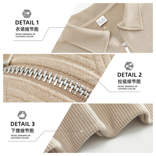 Cross-Border Men's Clothing Amazon American Retro Heavyweight Autumn Sweatshirt Jacquard Long-Sleeved Lapel Half-Zip Men's Top