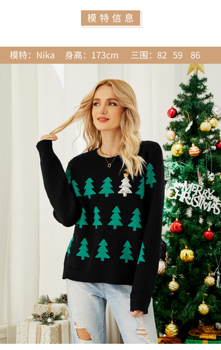 Shein Amazon European and American Clothing Autumn and Winter Pullover Jacquard Christmas Tree Knitwear Long-Sleeved Red Christmas Knitwear
