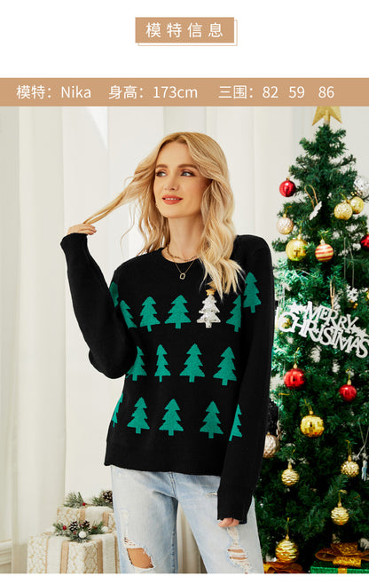 Shein Amazon European and American Clothing Autumn and Winter Pullover Jacquard Christmas Tree Knitwear Long-Sleeved Red Christmas Knitwear