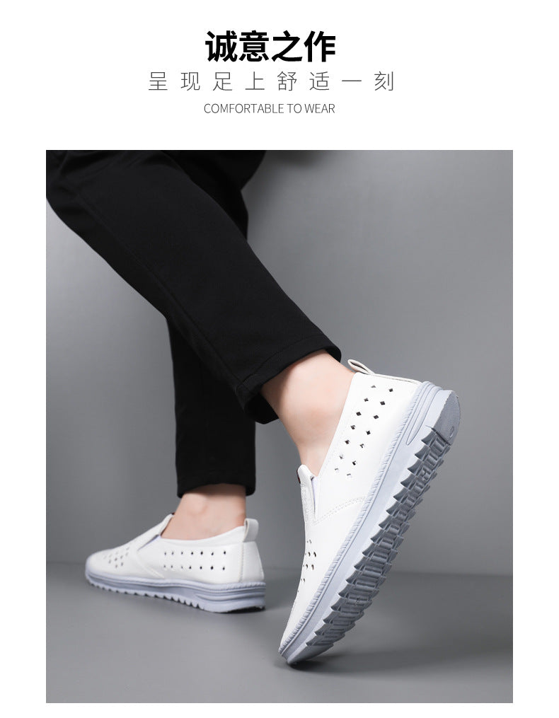 Hollow-Out Leather Shoes for Men, Summer Breathable Soft Leather Low-Top Business Casual Versatile Slip-On Perforated Dad Shoes