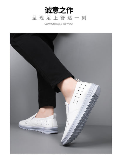 Hollow-Out Leather Shoes for Men, Summer Breathable Soft Leather Low-Top Business Casual Versatile Slip-On Perforated Dad Shoes