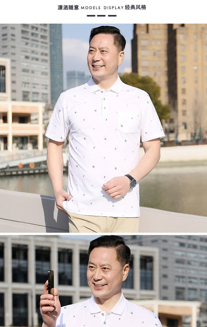 Middle-aged Men's Cotton Short-sleeved T-shirt Lapel Pocket Summer Middle-aged and Elderly plus size Half-sleeved Dad T-shirt Father