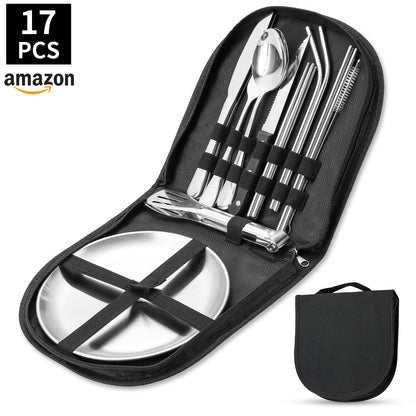 Amazon Outdoor Stainless Steel Tableware Steak Knife and Fork Spoon Barbecue Clip Plate 10-piece Travel Camping Set