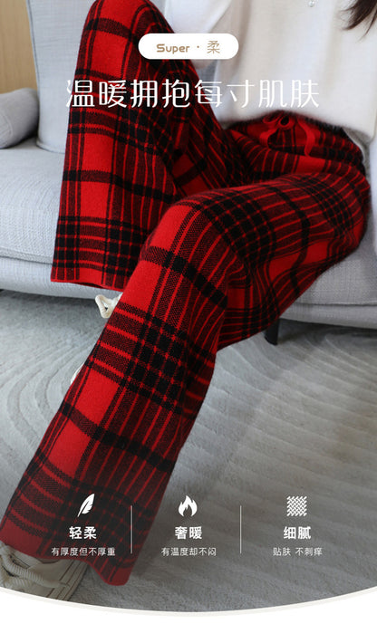 24 Autumn and Winter New High Waist All-match Casual Wide-leg Pants Women's Straight Loose Plaid Trousers 100 Wool Thickened
