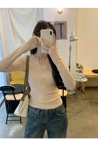 European in stock Korean Style Lazy Relaxation Inner Base T-shirt Women's Early Autumn New Style Elegant Slim-fit Half-open Collar