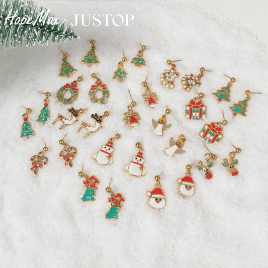 Justop European and American Christmas Ornaments Christmas Tree Earrings Santa Claus Earrings Oil Dripping Pendant Holiday Gifts