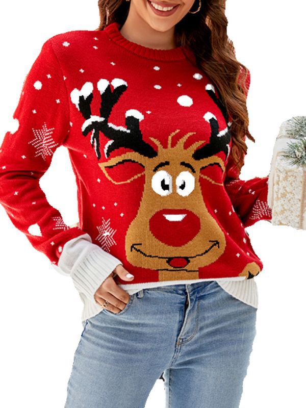 Amazon European and American Cartoon Elk Christmas Sweater Autumn and Winter 2023 New Foreign Trade Casual Round Neck Knitted Top