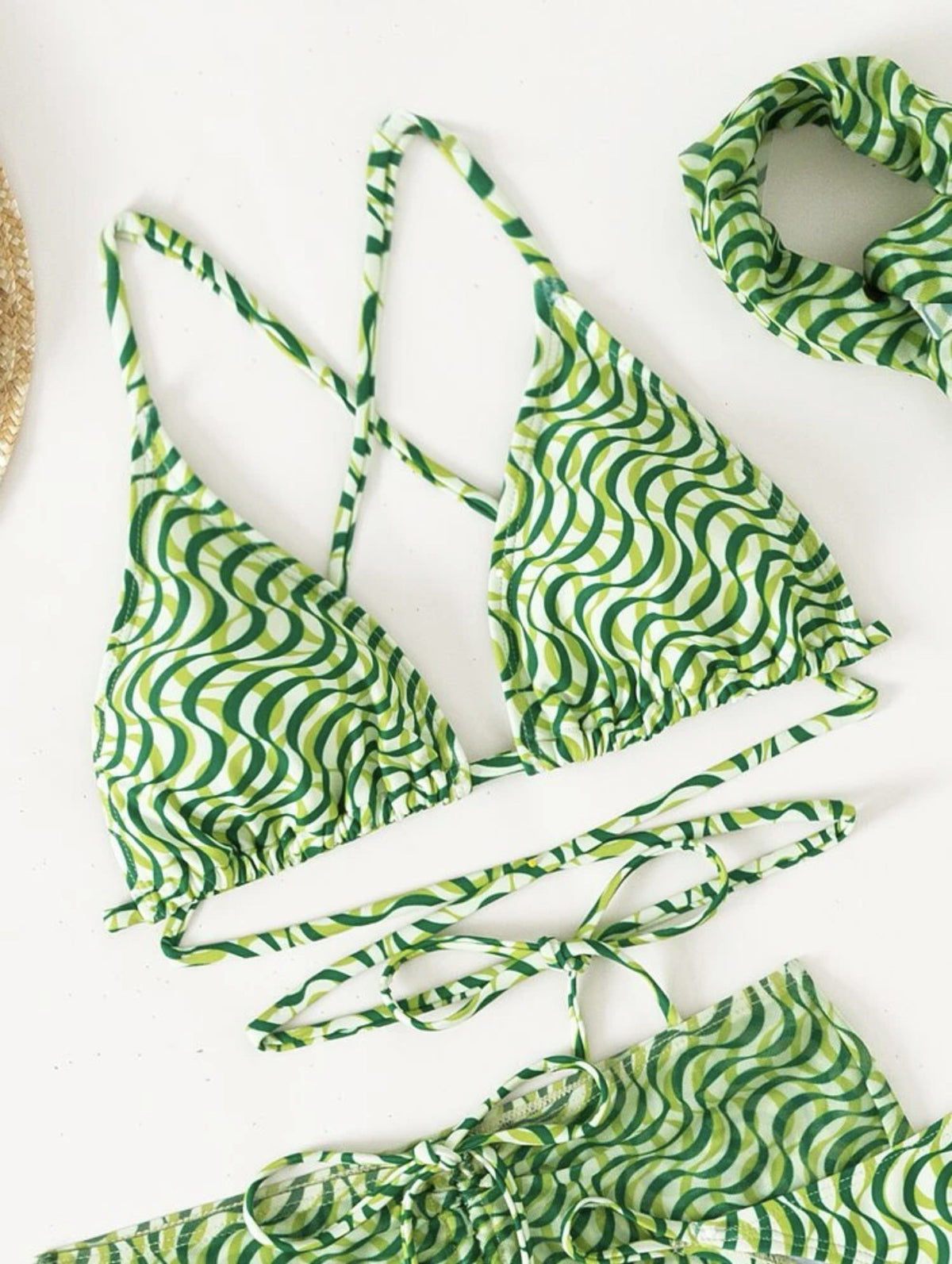 2025 European and American New Drawstring Straps Sexy Three-Piece Swimsuit Bikini Bikini with Veil Cross-Border