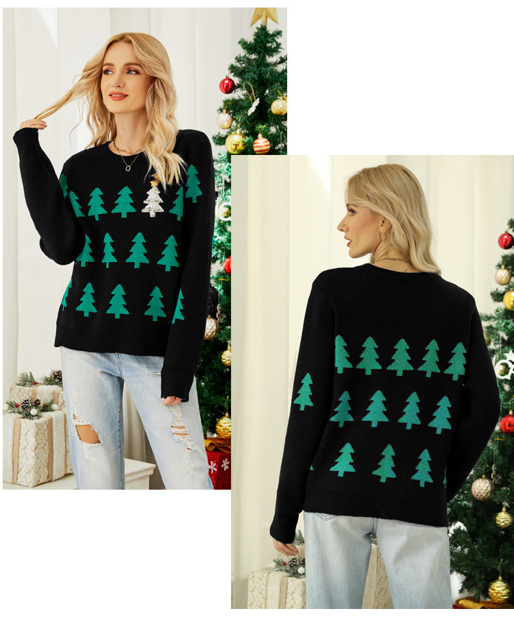 Shein Amazon European and American Clothing Autumn and Winter Pullover Jacquard Christmas Tree Knitwear Long-Sleeved Red Christmas Knitwear