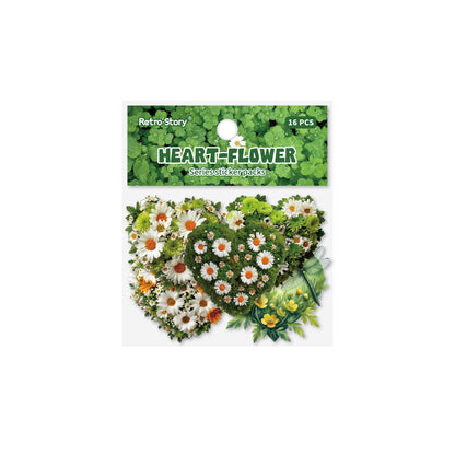 Retro Story Heart Flower Series Stickers Love Heart Floral Pet Journal Decoration Versatile Background Scenery Sticker Pack